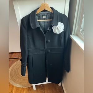J. Crew Black Double Cloth Lady Day Coat with flower pin and flared sleeves!